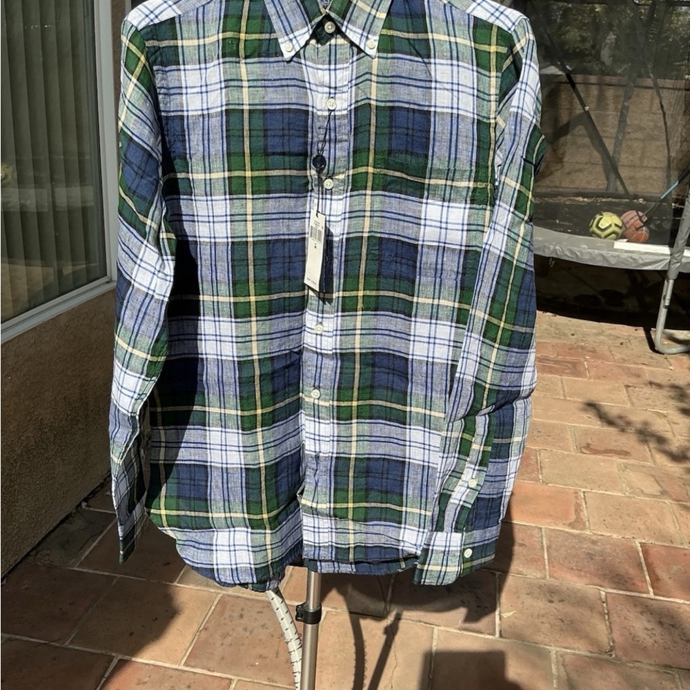 Men's Blue and Green Plaid Shirt
